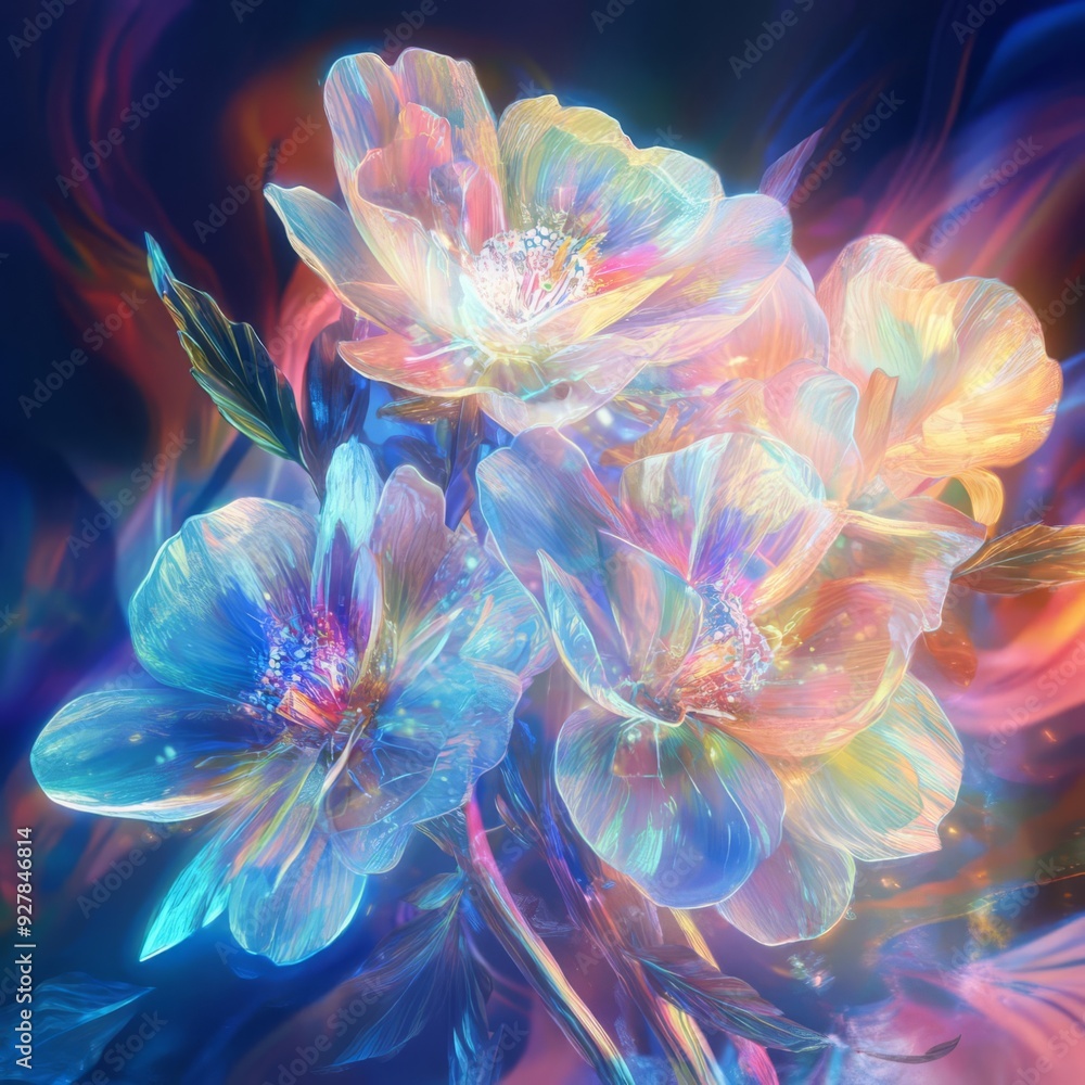 Obraz premium A bouquet of holographic flowers, each petal reflecting different memories of love, Scifi, Illustration, Bright and pastel colors