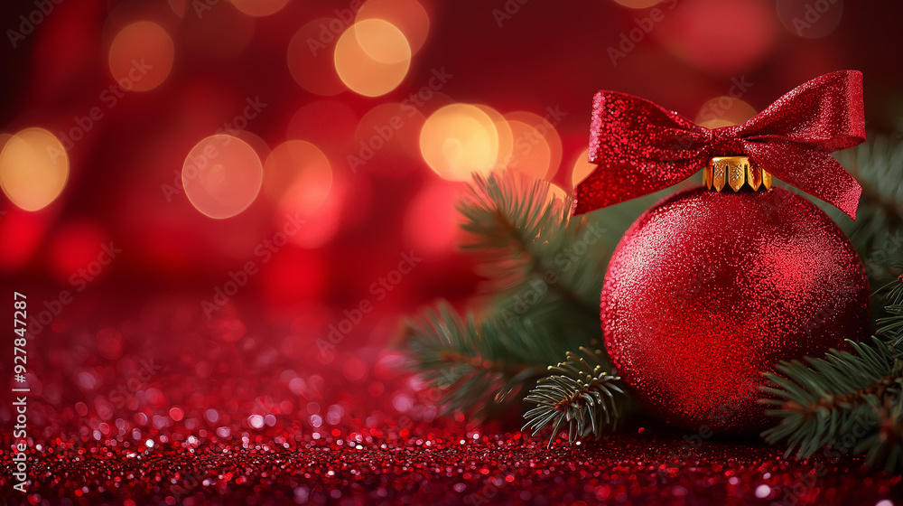 Obraz premium Christmas red background with bow and ball, with copy space for text or design. Christmas decoration on abstract glitter red background