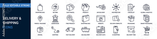 Delivery and Shipping editable line icons set. Contains parcel, order tracking, warehouse, courier and cargo symbol collection.