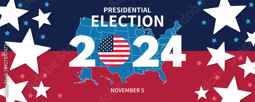 USA 2024 Presidential Election background with American flag colors design. Election event banner, card, poster, template, voting communication, background. Vote day, November 5. Vector illustration.
