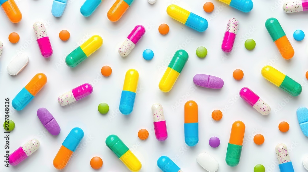 Vibrant pills on white background for medical pharmacy concept Vibrant pills on white background for medical pharmacy concept