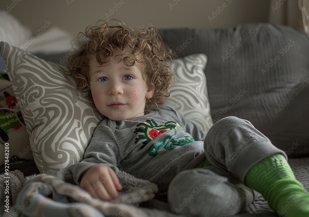 Adorable Little Boy with Curly Hair Resting on a Cozy Sofa. Adorable Little Boy with Curly Hair Resting on a Cozy Sofa.