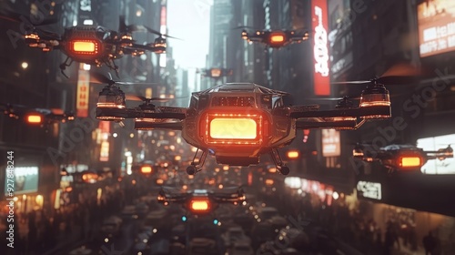 Futuristic Cityscape with Drones