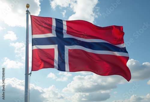 Norwegian flag waving against a cloudy sky in Norway