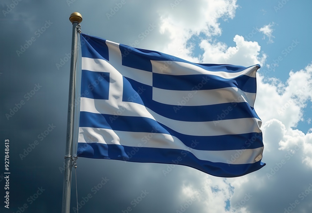 Obraz premium Greece flag fluttering against a dramatic cloudy sky in daylight