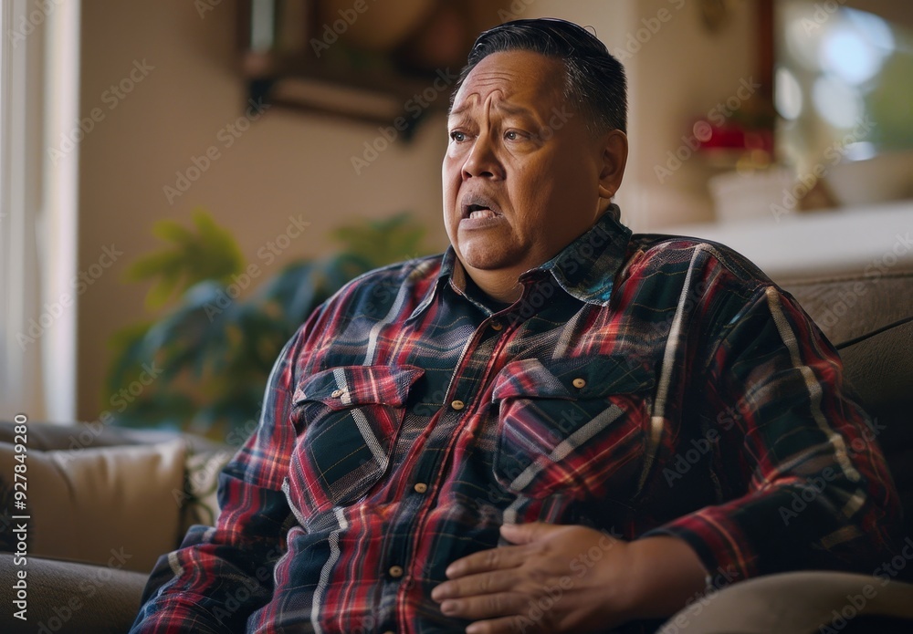 Man Experiencing Intense Chest Pain While Sitting on a Couch. Man Experiencing Intense Chest Pain While Sitting on a Couch.