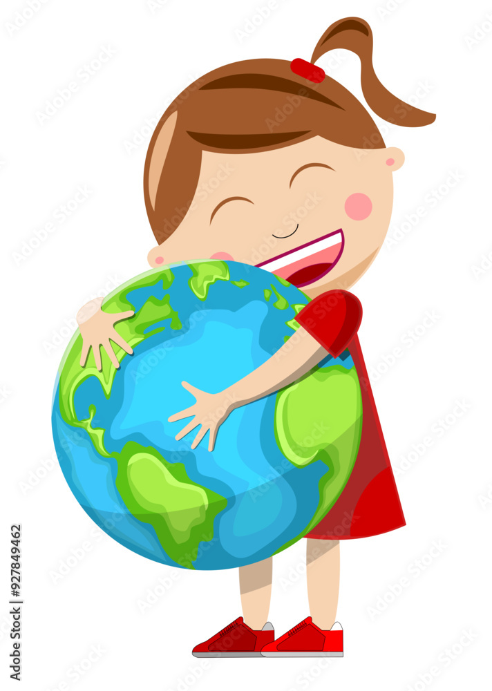Little cute girl hugging love Earth planet concept vector isolated Little cute girl hugging love Earth planet concept vector isolated