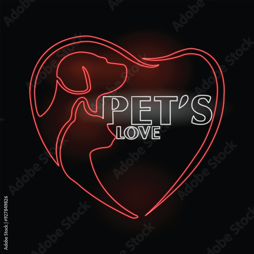 Pet love. Animal care. Pets cat and dog love concept. Line art. Pet Shop. For store, veterinary clinic, hospital, shelter, business services. Glowing neon line. Isolated on black background. Pet care
