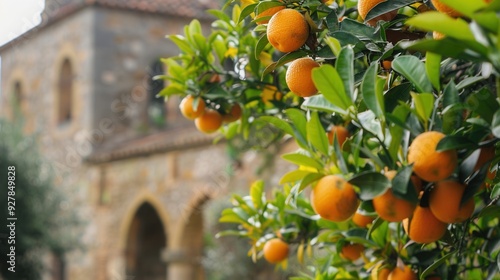 Wallpaper Mural Orange fruit on tree with background of vintage church tower building Torontodigital.ca