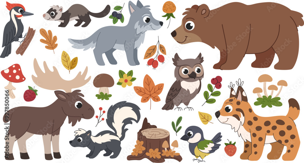 Fototapeta premium Cute childrens forest animals set. Forest animals, birds and elements set. Bear, moose, lynx, wolf, other animals and birds. Mushrooms, berries and leaves. Autumn forest collection. White background.