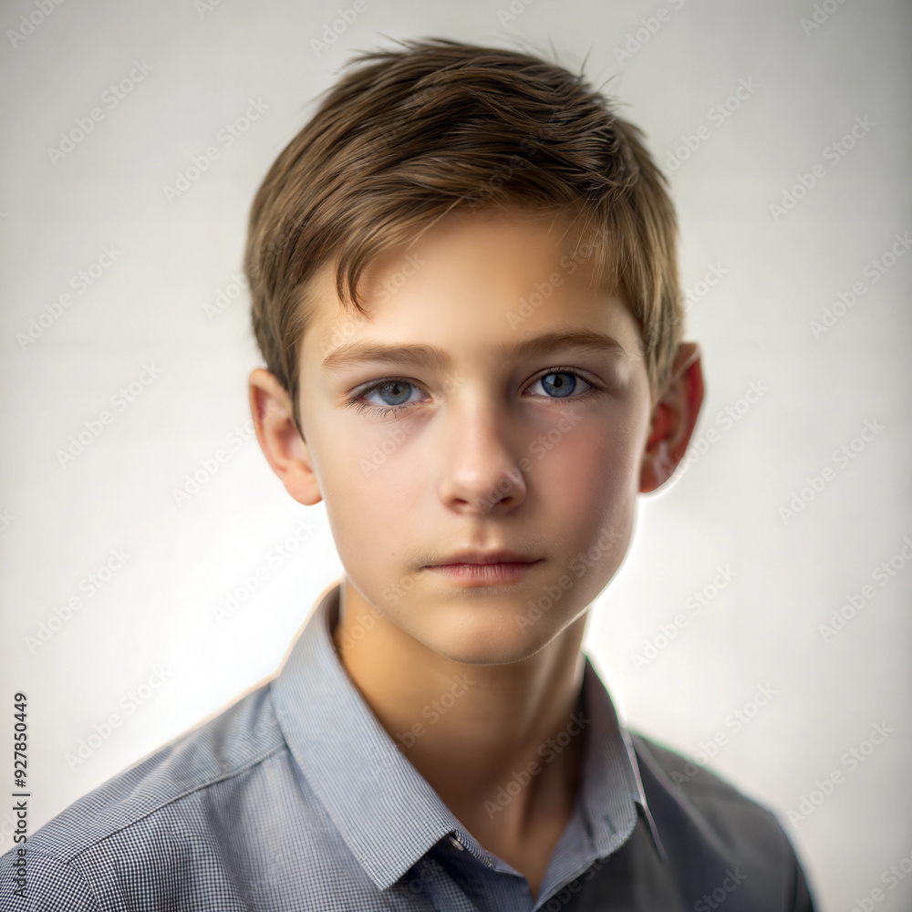 Elegant Portrait of a Teenage Boy with Serious Expression and Soft Lighting in a Minimalistic Background Elegant Portrait of a Teenage Boy with Serious Expression and Soft Lighting in a Minimalistic Background