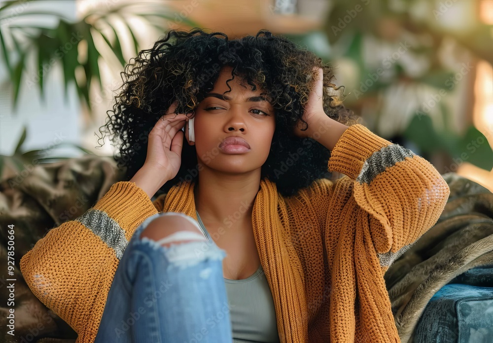 Tired African American Woman with Curly Hair Holding Head in Pain. Tired African American Woman with Curly Hair Holding Head in Pain.