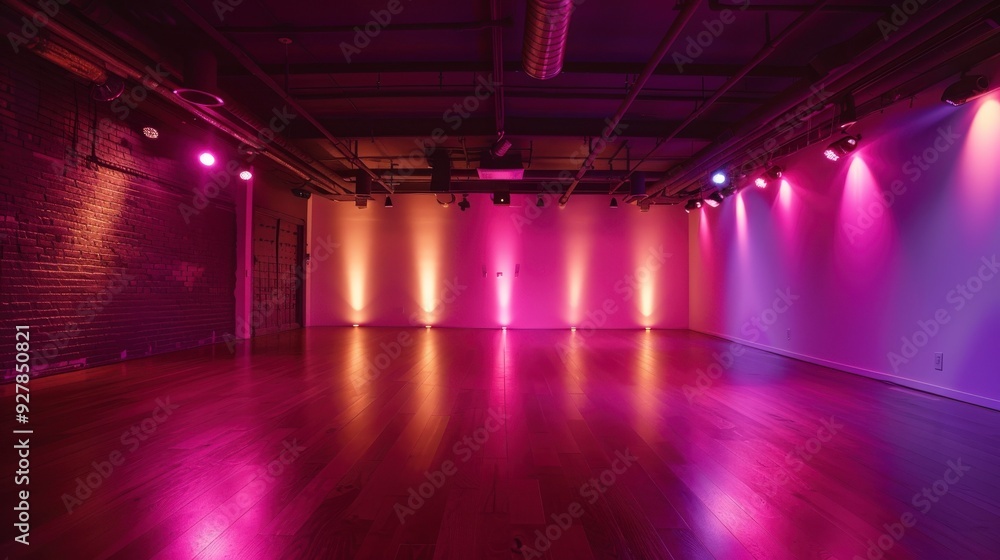 Empty dance studio with pink and purple lighting. Empty dance studio with pink and purple lighting.