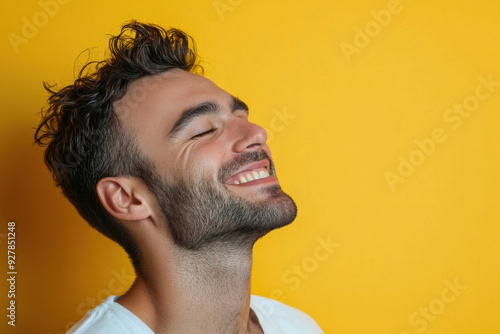 A close up of a man's face with his eyes closed