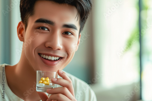  man taking a pill with a glass of water, a close-up of a smiling, happy Asian girl holding a small, circular, yellow and white-colored lipstick or supplement in her hand in a home living room