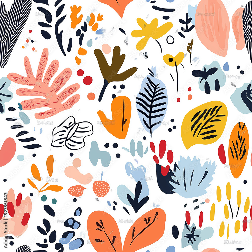 Obraz premium Playful doodles of leaves, plants, and abstract forms in bright, cheerful colors on a white background. A lively and whimsical design full of movement and spontaneity.