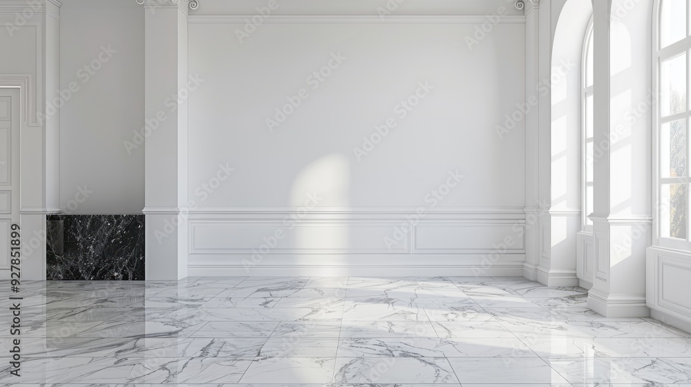 Empty room with white walls travertine floor white kitchen and black marble unoccupied