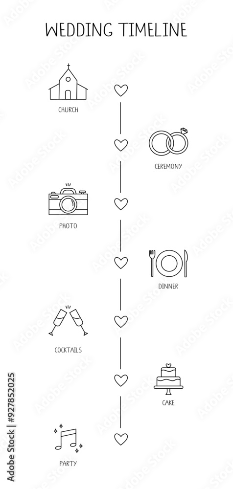 Cute and simple wedding timeline template. Marriage line icons and text. Cute and simple wedding timeline template. Marriage line icons and text.