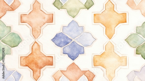 A vibrant watercolor pattern featuring geometric shapes in soft pastel colors, perfect for backgrounds and artistic designs.