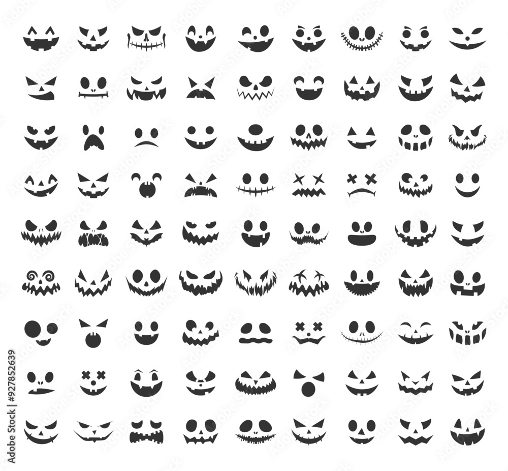 Pumpkin Halloween smile. Black Halloween face icon set. Spooky pumpkin smile on white background. Design for the holiday Halloween. Vector illustration. Pumpkin Halloween smile. Black Halloween face icon set. Spooky pumpkin smile on white background. Design for the holiday Halloween. Vector illustration.