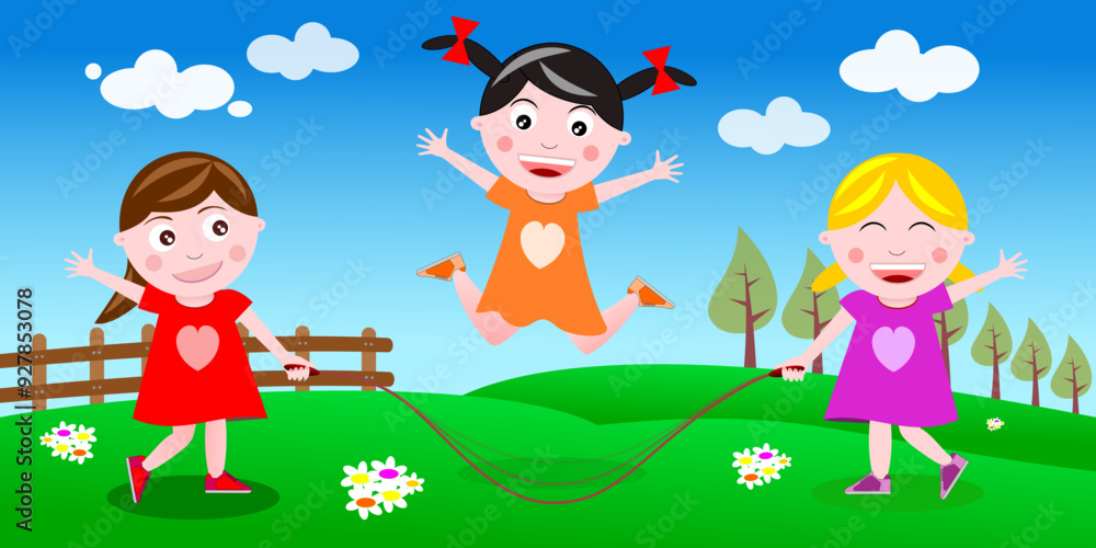 cute little girls playing outdoor skipping rope vector illustration cute little girls playing outdoor skipping rope vector illustration