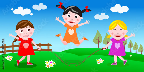 cute little girls playing outdoor skipping rope vector illustration