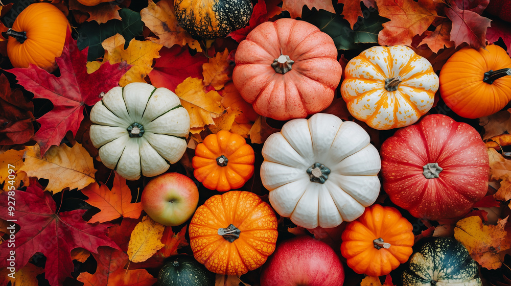 Fototapeta premium A colorful display of pumpkins, and autumn leaves for the fall season.