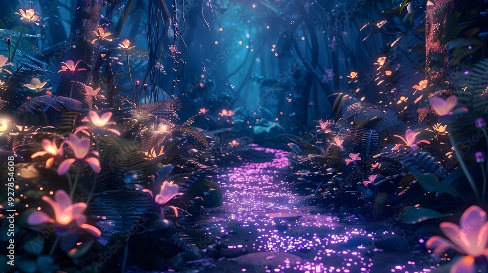Naklejka premium Glowing plants and lights in a wonderland, a mysterious path through mysterious, dark woods, and a neon fairy tale forest with radiant flowers. 