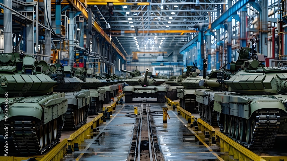 At an armament factory, military tanks are being manufactured. At an armament factory, military tanks are being manufactured.