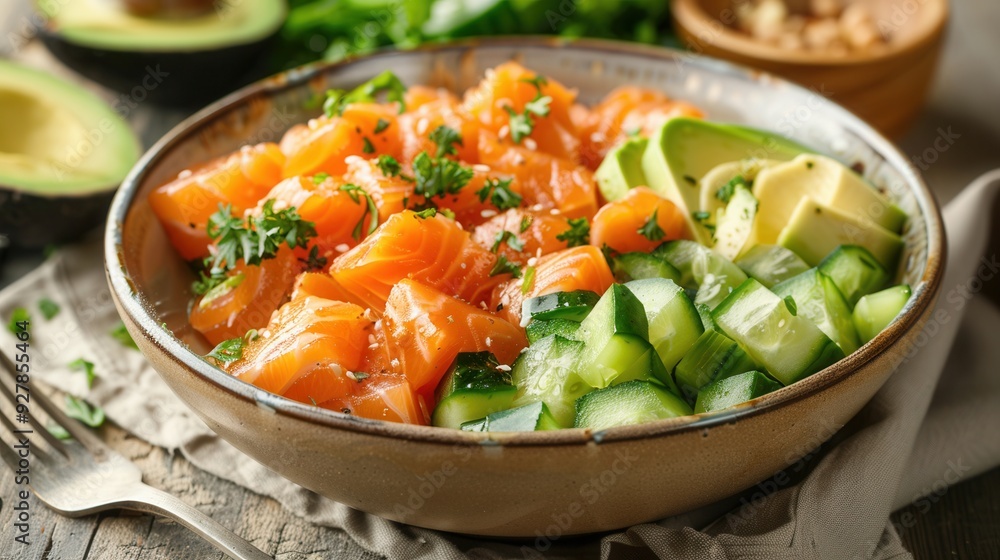 Salad with fresh avocado fruit and seafood salmon closeup view Salad with fresh avocado fruit and seafood salmon closeup view