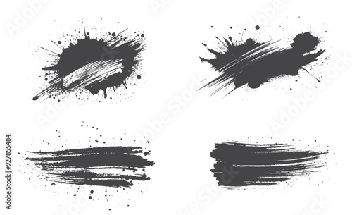 Brush strokes with stain and splashes. Black grunge paint ink texture. Isolated vector images in simple style