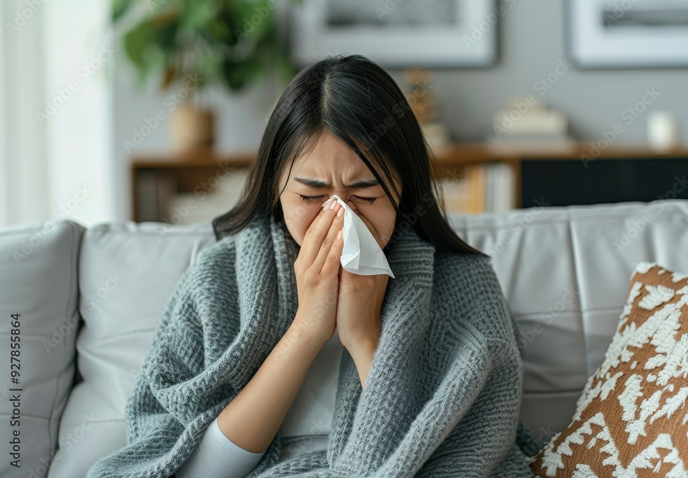 Asian Woman Sitting on Sofa Covered in Blanket, Feeling Ill at Home. Asian Woman Sitting on Sofa Covered in Blanket, Feeling Ill at Home.