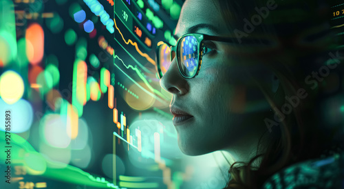 Wallpaper Mural A woman is looking at a computer screen with a lot of numbers and symbols. Concept of focus and concentration as the woman stares at the screen Torontodigital.ca