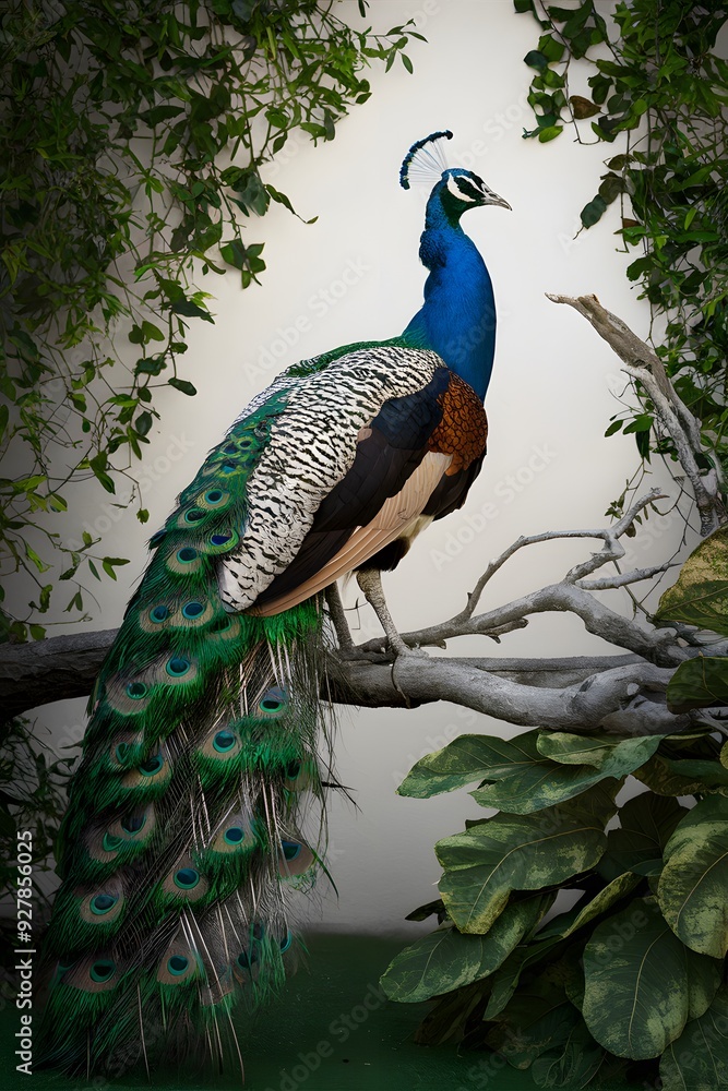 Obraz premium Congo Peafowl Bird Perched on a Branch in Nature, Realistic Photo, Wallpaper, Cover and Screen for Smartphone, Cell Phone, Computer, Laptop