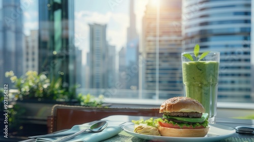 A glass of fresh avocado fruit juice smoothie with hamberger in office with city skyscrapers photo