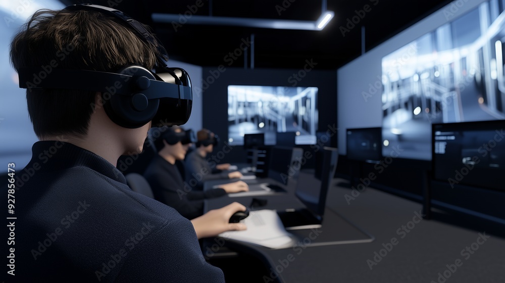A man wearing a virtual reality headset sits in an office setting, working on a computer. He is part of a team of professionals using VR technology in a modern workspace. A man wearing a virtual reality headset sits in an office setting, working on a computer. He is part of a team of professionals using VR technology in a modern workspace.