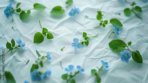 Small blue flowers and leaves on a white surface