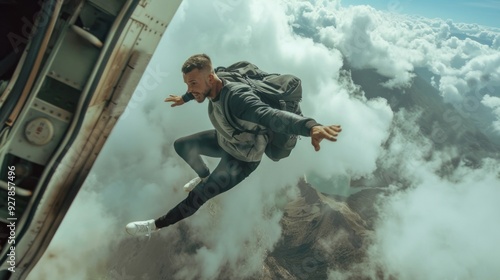 A man plunges through the clouds after leaping from an aircraft, embracing the thrill of skydiving amid stunning scenery
