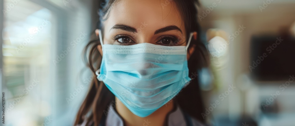 Focused young female dentist wearing a face mask in a bright clinic. Free copy space for text. Focused young female dentist wearing a face mask in a bright clinic. Free copy space for text.