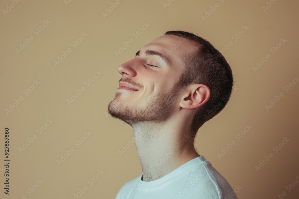 A close up of a man's face with his eyes closed