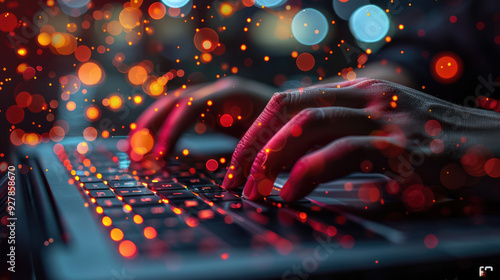 A close-up of hands typing on a sleek laptop keyboard, with digital icons floating around