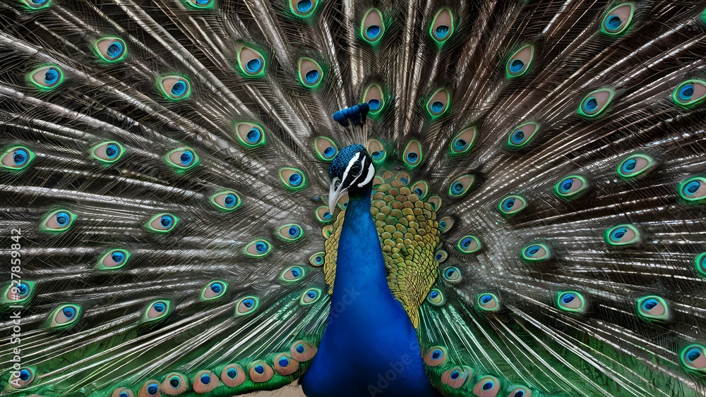 Fototapeta premium Congo Peafowl Bird with Open Fan Tail, Realistic Photo, Wallpaper, Cover and Screen for Smartphone, Cell Phone, Computer, Laptop