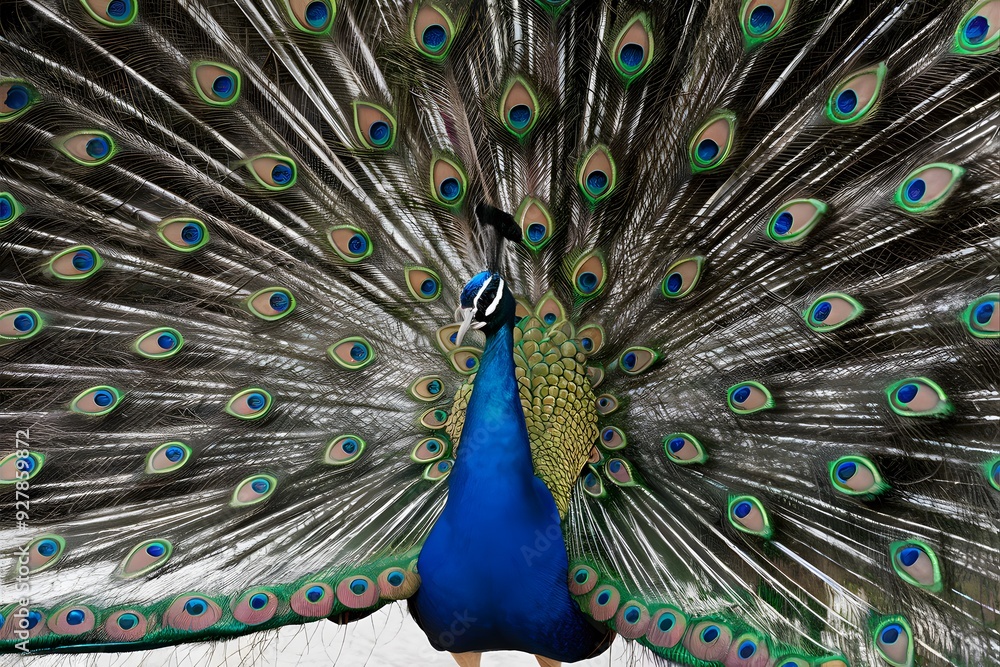 Obraz premium Congo Peafowl Bird with Open Fan Tail, Realistic Photo, Wallpaper, Cover and Screen for Smartphone, Cell Phone, Computer, Laptop