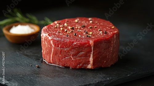 Closeup of a raw beef steak garnished with black peppercorns and fresh rosemary, resting on a black slate plate, capturing culinary preparation of a premium cut of meat.
