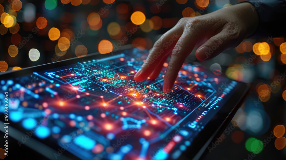 A close-up of neural network diagrams and AI models on a digital tablet screen, with a scientist analyzing the data A close-up of neural network diagrams and AI models on a digital tablet screen, with a scientist analyzing the data