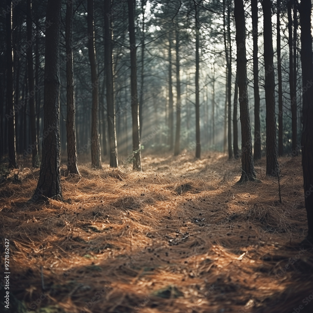Whispering Woods: Pine Needles Forest Floor with Mist and Diffused Light Whispering Woods: Pine Needles Forest Floor with Mist and Diffused Light