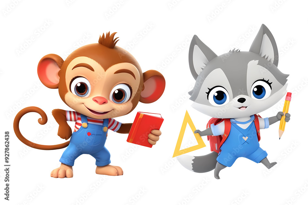3d rendering cute gray fox and monkey cartoon characters wearing overalls and holding book and pencil isolated on transparent background, PNG file add 3d rendering cute gray fox and monkey cartoon characters wearing overalls and holding book and pencil isolated on transparent background, PNG file add