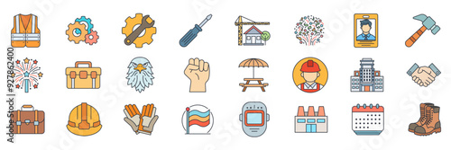 Labor Day icons set, Included icons as Briefcase, Hard Hat, Office Building, Factory and more symbols collection, logo isolated vector illustration