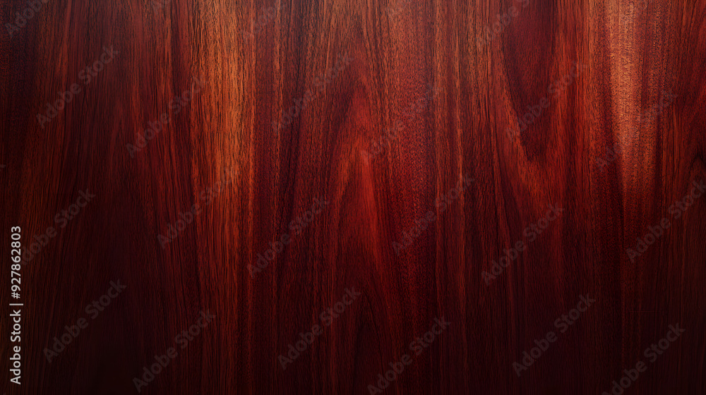 Naklejka premium Deep reddish-brown wooden surface with a rich grain pattern, illuminated in soft light