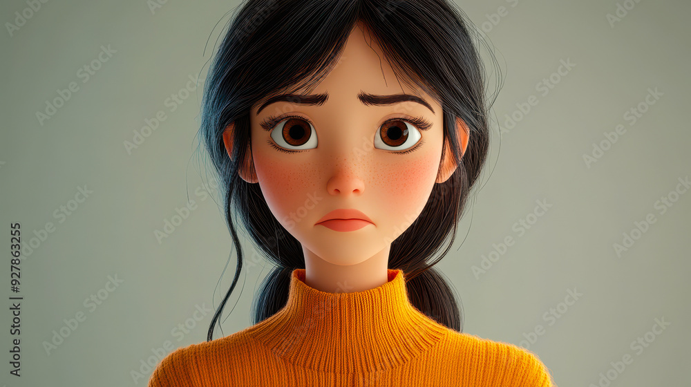 3D Animated Young Asian Woman in Orange Sweater Expressing Sadness and Disappointment on Light Background - Emotional Female Cartoon Character - Human Emotions Concept Art 3D Animated Young Asian Woman in Orange Sweater Expressing Sadness and Disappointment on Light Background - Emotional Female Cartoon Character - Human Emotions Concept Art